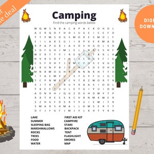 Pesquisa de palavras em acampamento, jogos de acampamento para crianças, busca de palavras em acampamento, diversão no verão, atividades para impressão para crianças