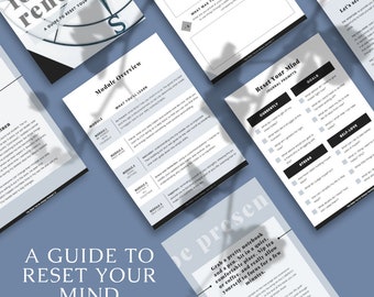 May include: A guide to reset your mind with a focus on renewal. The guide includes a module overview, journal prompts, and a section on setting intentions. The text is in black and white on a white background.
