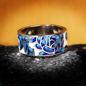 Azure Flower Engraving Unique Enamel Statement Ring | Colourful Personality Ring | Handmade Ring | Unisex Rings | Birthday Gift Ring Ideas