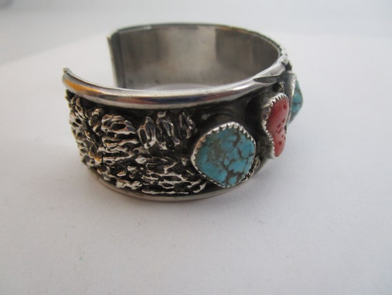 Old Pawn Navajo Red Coral & Turquoise Sterling Si… - image 5