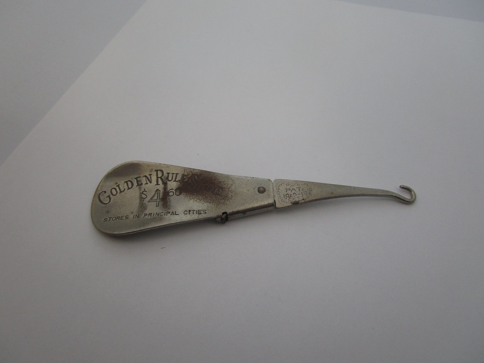 Dated 1917 Antique Advertising Shoe Horn & Button Hook Golden Rule Shoe