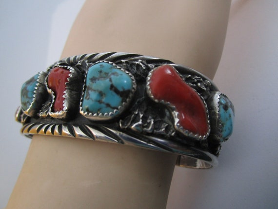 Old Pawn Navajo Red Coral & Turquoise Sterling Si… - image 3