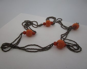 Vintage Glass Beaded Autumn Colors Necklace Orange Balls