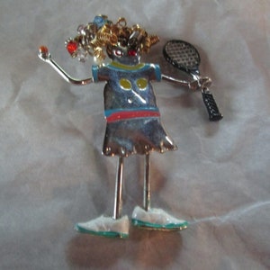 Vtg Funky Fun Comical Mechanical Tennis Player Large Enameled Brooch
