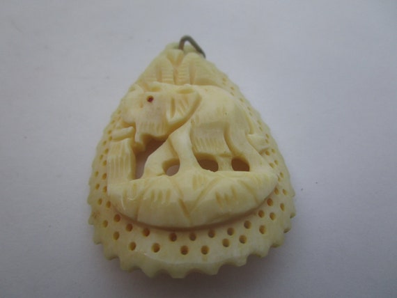 Vintage Carved Bone Elephant Necklace Pendant - image 1