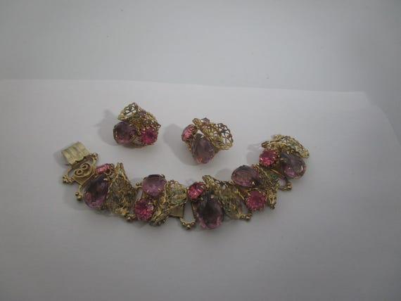 Large Bodacious Chunky Filigree Bracelet and Earring Set with Pink & Purple Stones