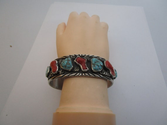 Old Pawn Navajo Red Coral & Turquoise Sterling Si… - image 1