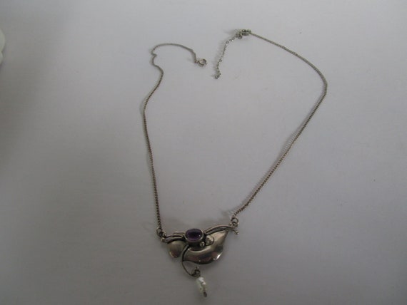 Vintage Sterling Silver Floral Necklace with Amet… - image 1