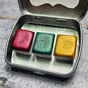 CHRISTMAS TRIO half pan shimmery set, metallic watercolor for scrapbook, junk journal accessories, rock painting material, crafty atc card