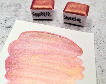 SWEETIE half pan duotone coral watercolor, unique gift for painter, metallic paint to scrapbooking, collage postcard supply, calligraphy ink