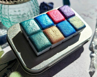 OCEAN'S CALLING halve pan aquarel ingesteld op kaarten maken, cadeau voor nagelstyliste, metallic kleurenpalet, kit decoupagepapier, klein plakboek