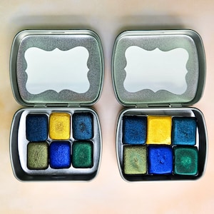 Metallic watercolor half pan set, MAJESTIC COLOR travel palette for calligraphy, shimmer scrapbooking & artisan art supply, shabby postcard