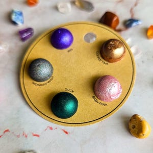 Metallic watercolor palette with holographic paint, glitter for journaling, rock painting tools, vintage ephemera & planner organization