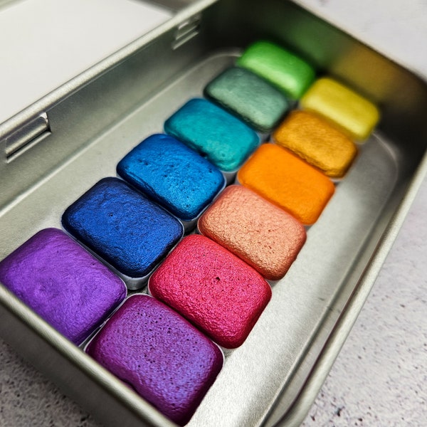 Rainbow 3 set of 12 quarter pan watercolor,handmade metallic paint palette,shimmery aquarell,craft supplies to create envelope diary journal