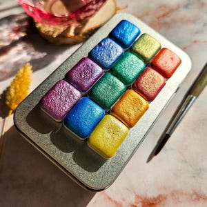Rainbow 4 set with 12 quarter pan handmade watercolor, paint palette to journal, ink for writing accessories, scrapbook card maker supply