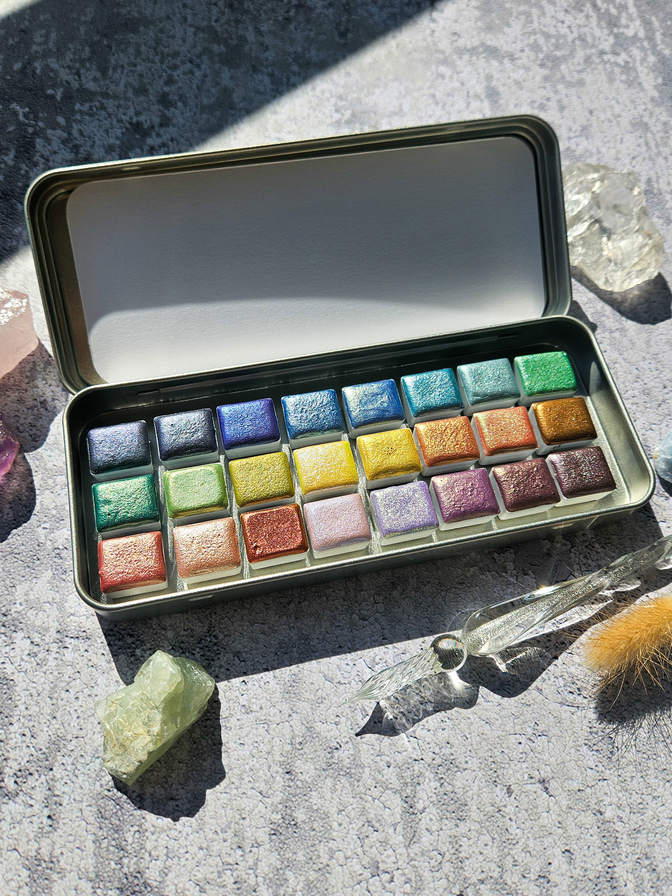 Elegant set with 24 HALF PAN shimmer watercolor, bullet journal accessories, crafty gift from mother, hobby creative art box, paint in tin