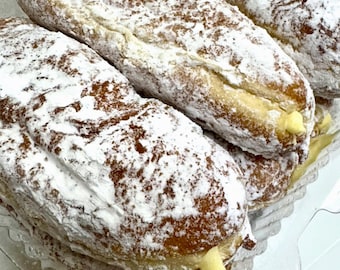 Donuts; LONG JOHNS, Custard Filled with Powdered Sugar, Homemade, Pack of 6