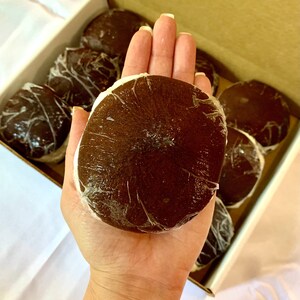 May include: A box of brown, round, individually wrapped fruits. The fruit is held in a hand for scale.