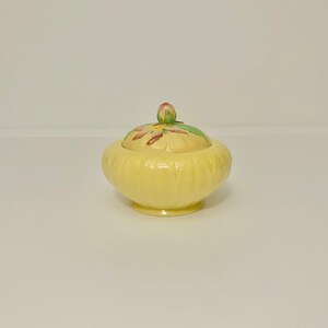 May include: A yellow ceramic sugar bowl with a lid. The lid has a floral design with green leaves and pink flowers.
