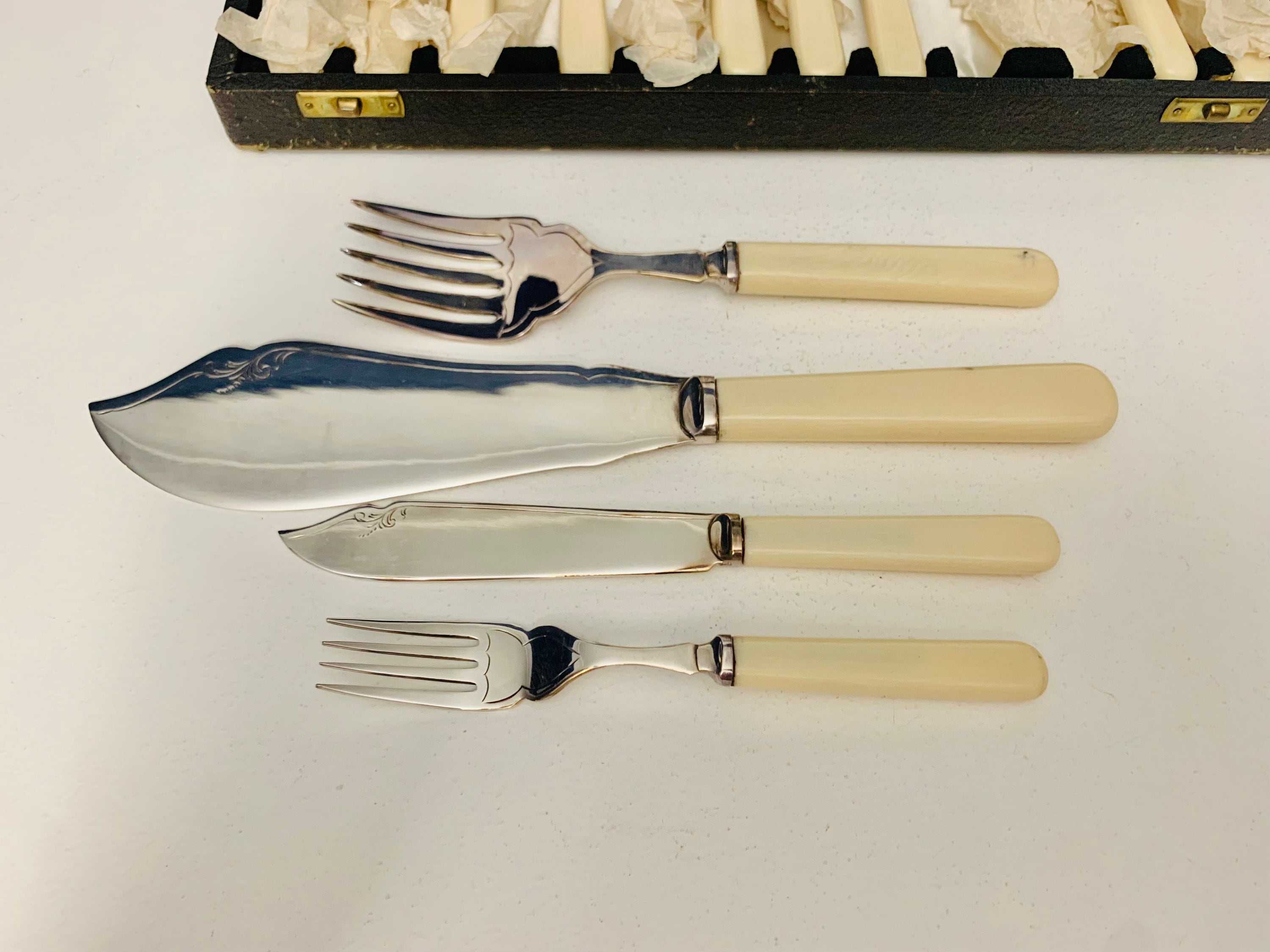 Sheffield Faux Bone / Zylonite Handled, 14 Piece EPNS Fish Set With