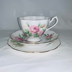Queen Anne - pink cabbage rose, tea trio (cup, saucer & plate)