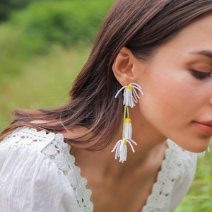 Flower Beaded Dangle Earrings, Seed Bead Statement Earrings, Floral inspired Beaded Earrings, Gift For Her