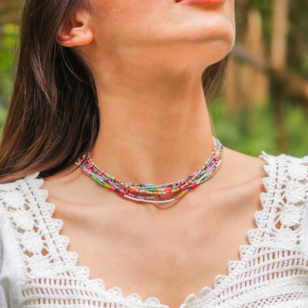 Rainbow Seed Bead Choker, Dainty Tiny Bead Necklace, Colorful Beaded Choker, Summer Choker, Seed Bead Jewelry, Gift For Her