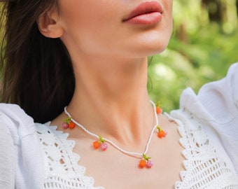 Orange Fruit Necklace, Beaded Fruit Jewelry, Seed Bead Colorful Fruit Necklace