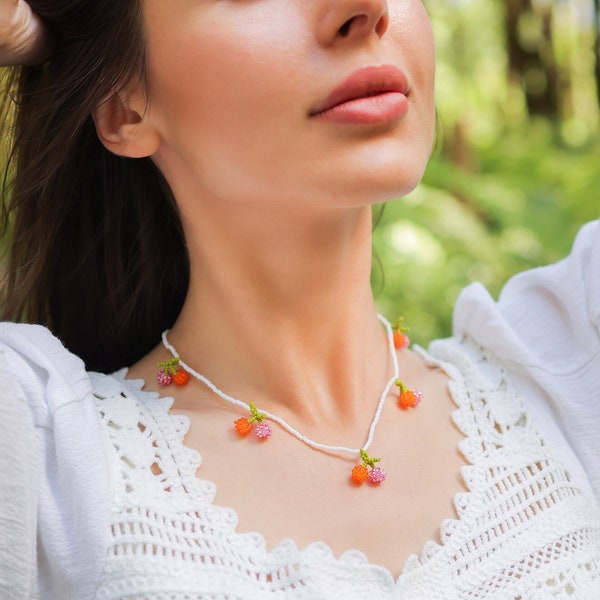 Orange Fruit Necklace, Beaded Fruit Jewelry, Seed Bead Colorful Fruit Necklace