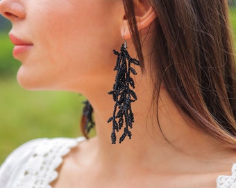 Black Beaded Dangle Earrings, Seed Bead Leaf Earrings, Long Statement Earrings