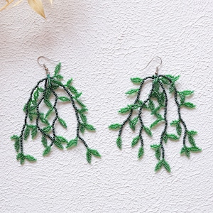 Green Beaded Dangle Earrings, Seed Bead Leaf Earrings, Long Statement Earrings, Boho Summer Earrings, Unique Gift For Her