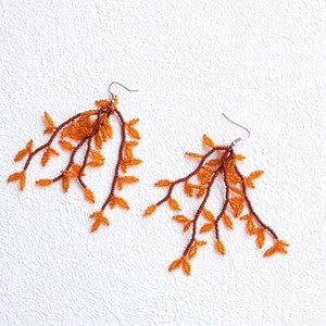 Orange Beaded Dangle Earrings, Seed Bead Autumn Earrings, Long Statement Earrings, Unique Gift For Her