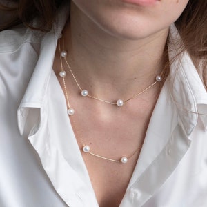 Long Pearl Station Necklace, Real Pearl Floating Necklace, Layered Pearl Gold Chain Necklace, Wedding Necklace, Gift For Her