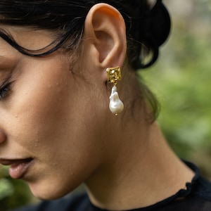 Baroque Pearl Drop Earrings: 22k Gold Plated Brass, Bridal Statement Earrings