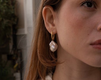 Large Baroque Pearl Hoop Earrings, Fireball Pearl Earrings, Statement Earrings, Bridal Earrings, Gift For Her
