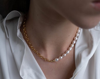 Half Pearl Necklace, Real Pearl Chain Necklace, Gold Pearl Choker Necklace, Wedding Necklace, Gift For Her