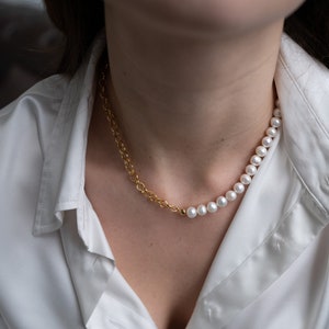 Half Pearl Chain Necklace, Gold Pearl Necklace, Real Pearl Choker, Wedding Jewelry, Necklace For Women, Gift For Her