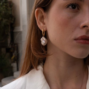 Large Baroque Pearl Hoop Earrings, Real Fireball Pearl Earrings, Natural Statement Earrings, Unique Bridal Earrings, Gift For Her