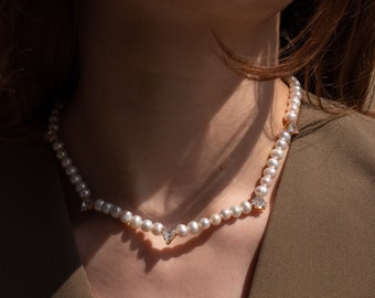 Freshwater Pearl Zircon Necklace, Real Pearl Choker Necklace, Wedding Necklace, Gift For Women