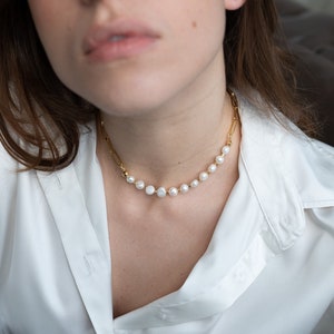 Real Freshwater Pearl Choker, Gold Pearl Necklace, Pearl Necklace with Paperclip Chain, Wedding Necklace, Gift For Her