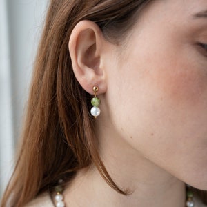 Pearl Jade Drop Earrings: 22k Gold Plated Studs
