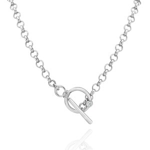 Chunky Rolo Chain Necklace: Cubic Zirconia Toggle, Silver Bronze