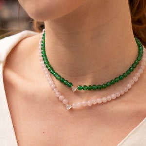 Rose Quartz Beaded Choker: 22k Gold Plated, Zircon Crystal