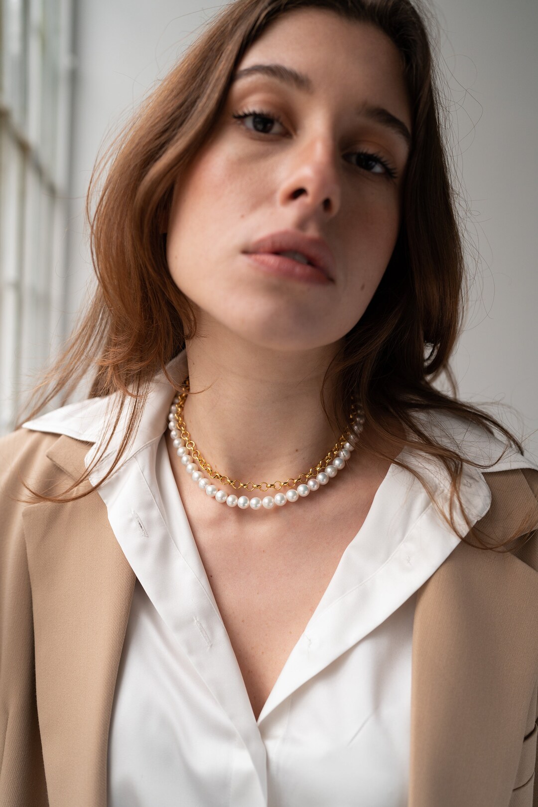 Layered Pearl Chain Necklace, Real Freshwater Pearl Choker, Gold Pearl ...