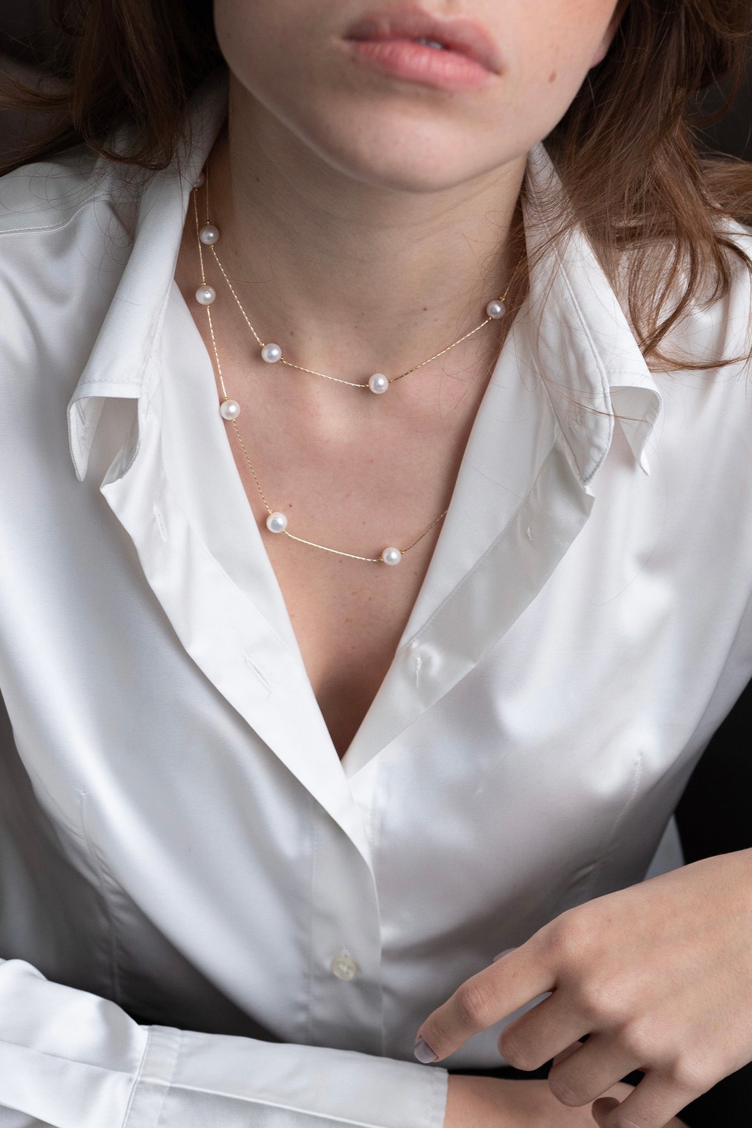 Long Pearl Station Necklace, Real Pearl Floating Necklace, Layered