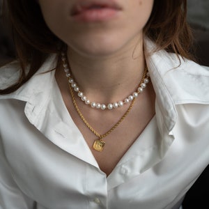 Layered Pearl Initial Necklace, Gold Chain Letter Necklace, Personalized Two Layer Necklace, Custom Pearl Chain Jewelry