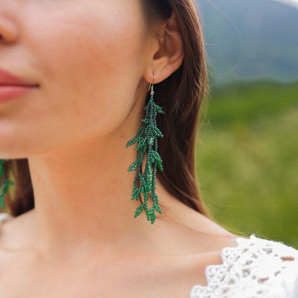 Green Beaded Dangle Earrings, Seed Bead Leaf Earrings, Long Statement Earrings