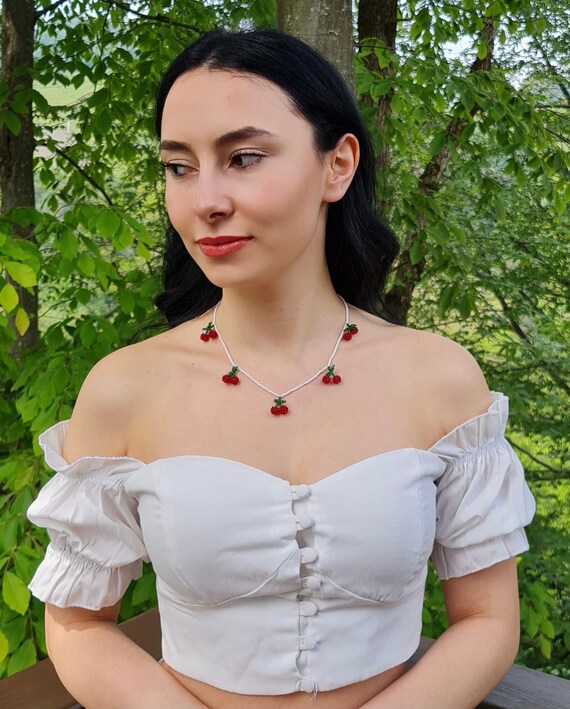 Seed Bead Cherry Necklace Beaded Fruit 