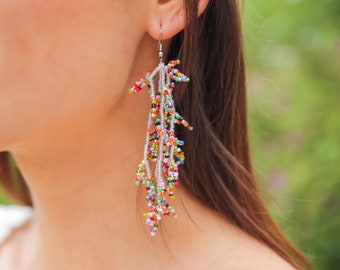 Multi Color Beaded Dangle Earrings, Seed Bead Spring Earrings, Long Statement Earrings