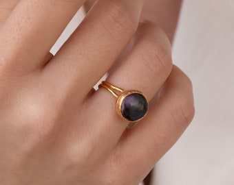 Black Pearl Ring,  Adjustable Ring, Gold Pearl Statement Ring, Real Freshwater Pearl Ring, Wedding Ring, Gift For Women